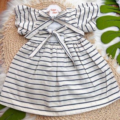 Vestido em Linho Natural e Marinho